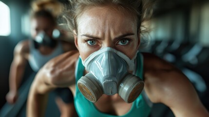A determined athlete wearing a gas mask during an intense workout, showcasing resilience and strength in a modern training environment filled with energy and focus.