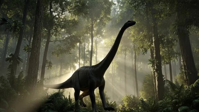 Majestic brachiosaurus sauntering through primeval forest with sunbeams streaming through