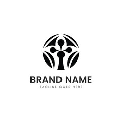 A minimalistic black logo design featuring a stylized cross and circular elements, conveying a sense of unity and spirituality.