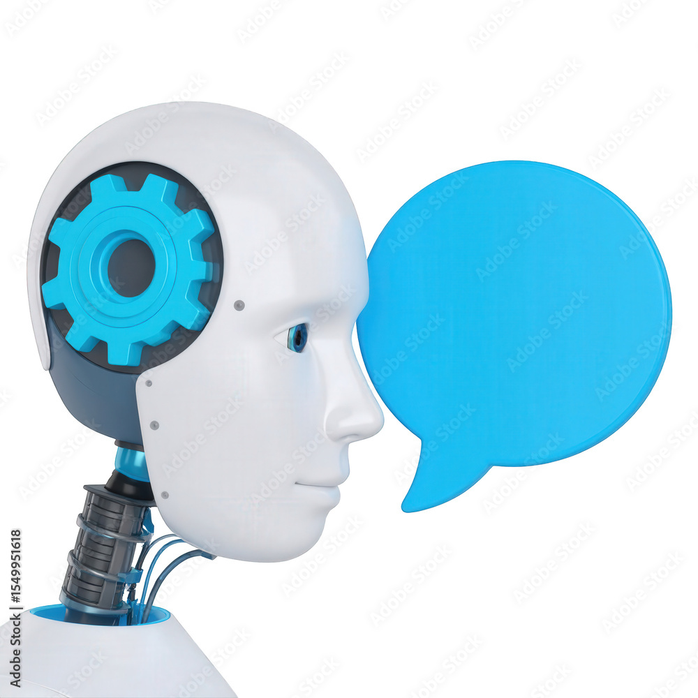 Aufkleber a robot head with a gear and a speech bubble on a black background view transparent background