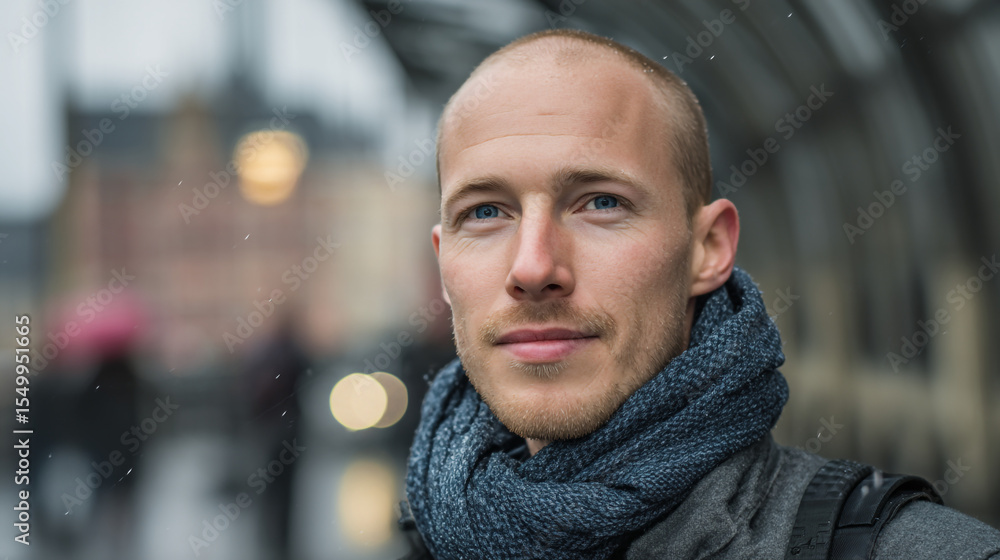 Poster close up portrait of a man with a scarf in an urban setting with blurred background and light snow
