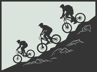 Obraz premium Mountain bikers silhouetted riding down a steep rocky hill in a vector image