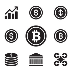 Financial icons including bitcoin, dollar, and bank