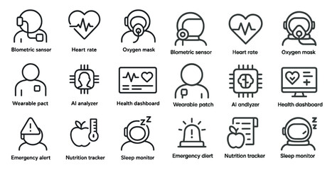 Fototapeta premium Wearable health line icons set – biometric, heart rate, oxygen monitoring designs