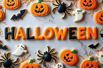 Deliciously Decorated Halloween Cookies: A Festive Feast of Pumpkins, Bats, Spiders, and Ghosts on Marble