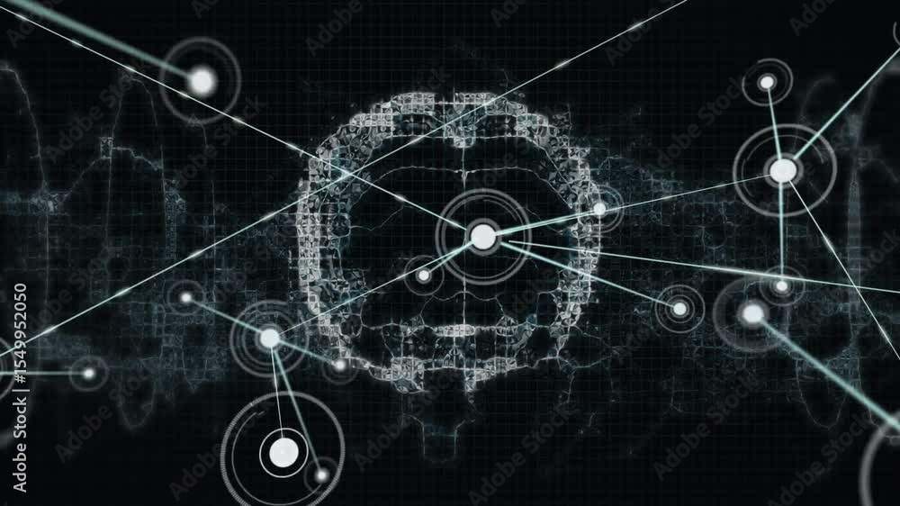 Poster pulsing core node starting grid wave emerging as brain shape forming, nodes sliding linking network