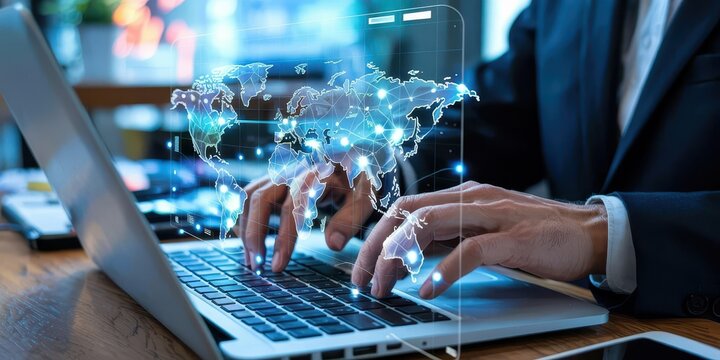 A businessman uses a laptop with a virtual world map hologram. A concept for global business, network technology, and international communication.