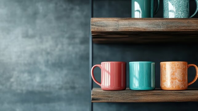 A charming display of colorful mugs on a rustic wooden shelf creates warmth and invites cozy moments, symbolizing companionship and comfort in everyday life.