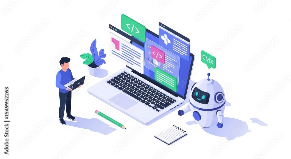 Aufkleber isometric illustration of a laptop with coding interfaces and a robot assistant