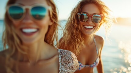 Two happy women share a moment at the beach, smiling brightly. The scene captures the joy of summer, friendship, and laughter against a stunning coastal backdrop.