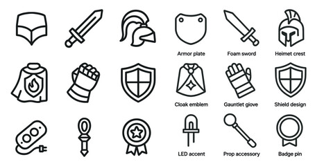 Fototapeta premium Medieval and fantasy outline icons set – armor, swords, and shields symbols
