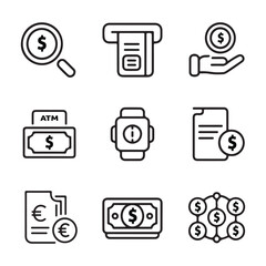Set of financial and banking icons in outline style