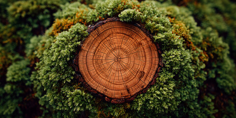 Fototapeta premium Close-Up of Tree Ring Cross Section with Moss in Forest Scene