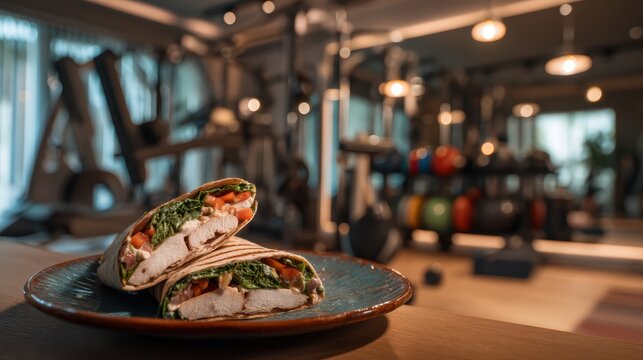 Turkey and spinach wrap on a ceramic plate on a softly blurred fitness trainer&acirc;&euro;&trade;s studio backdrop