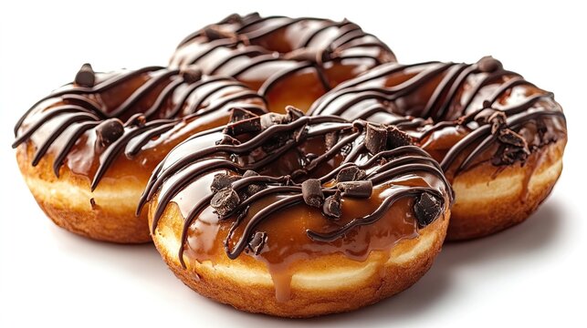 Caramel-glazed donut with chocolate drizzle, isolated on white background, ideal for dessert lovers.