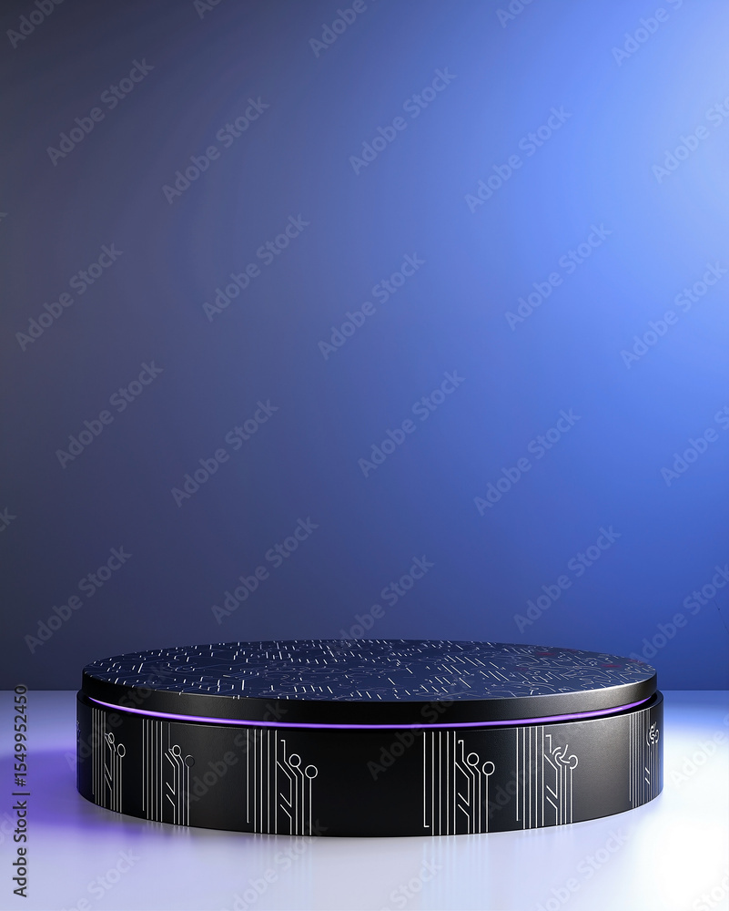 Poster modern circular matte black podium with subtle futuristic circuit patterns faintly illuminated by so