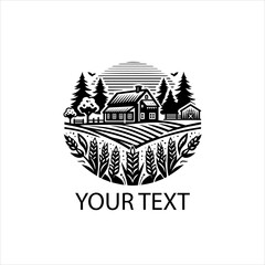 Obraz premium Farmhouse with Field and Trees Vector Logo in Black and White Isolated on White Background