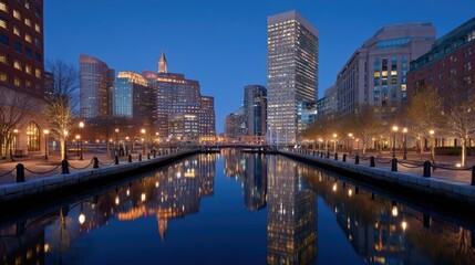 Obraz premium Urban skyline at dusk with skyscraper lights reflected in river water