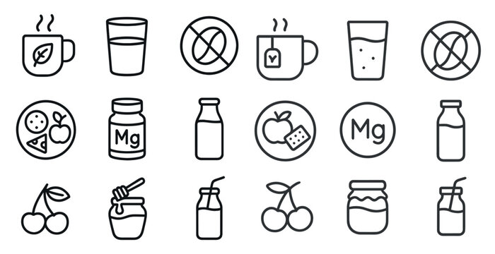 Nutrition and beverage icons set – outline, food, diet and health symbols