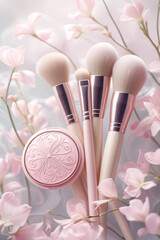 Makeup Brushes Pink Flowers Stilllife