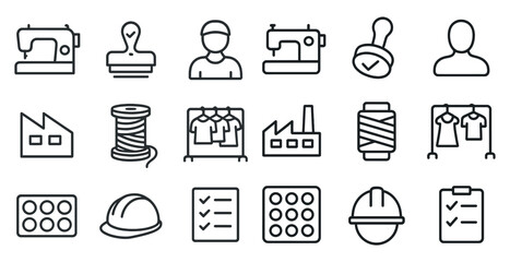 Obraz na płótnie Canvas Apparel manufacturing line icons set – outline, silhouette, textile industry tools
