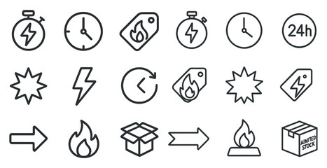 Fototapeta premium Time and alert linear icons set – outline, minimalist, clock and energy symbols