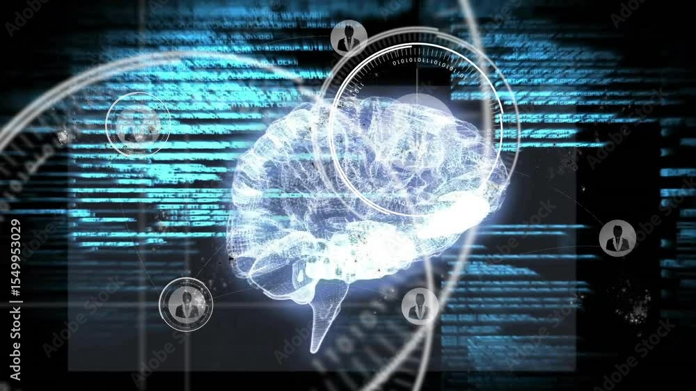 Poster brain model fading in triggers code scrolling, hud rings animating, node icons linking network map