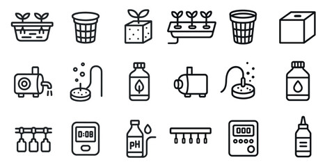 Hydroponics and gardening line icons set – flat, outline, plant growth symbols