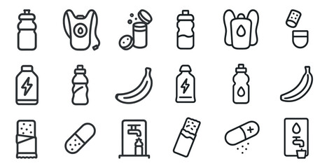 Fitness and nutrition outline icons set – linear, health, exercise symbols