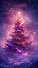 A mystical Christmas tree in a starry night sky.
