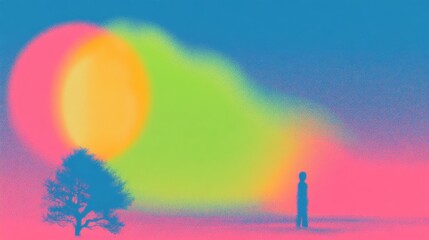 Surreal scene of person under colorful sunrise.