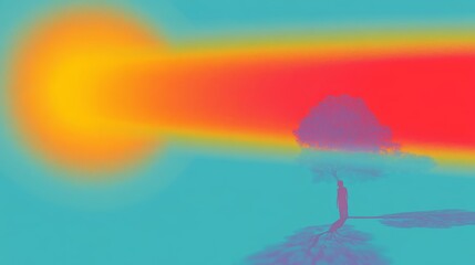 Surreal landscape with vibrant colored rays.