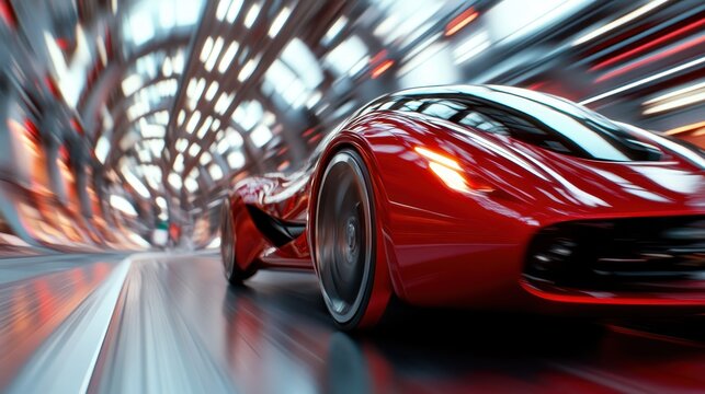 An exhilarating image of a sleek red sports car blurting through a futuristic tunnel, showcasing innovation, speed, and the thrill of modern automotive technology.