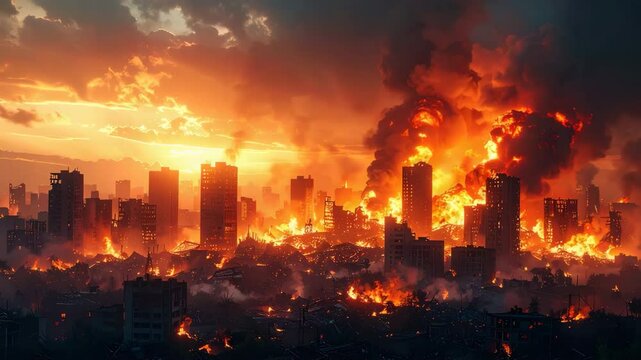 City in flames at night with bright orange fire illuminating urban landscape and skyscrapers