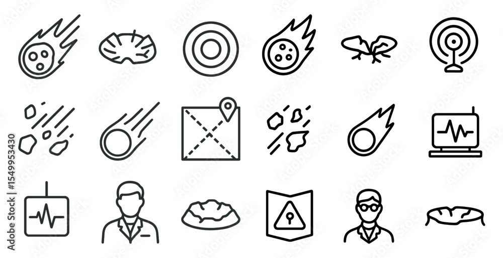Poster comet and meteor outline icons set – linear, asteroid, meteorite symbols
