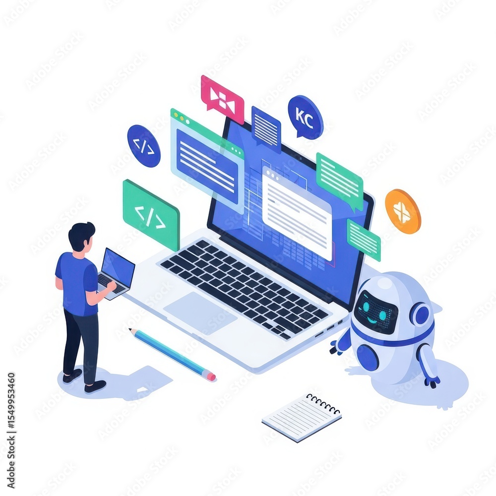 Poster software engineer coding with robot and laptop in isometric illustration