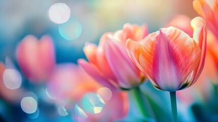 Beautiful pink tulips in soft focus bloom