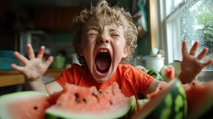 A young boy screams in frustration amidst scattered watermelon, embodying the innocence of childhood emotions in a messy yet amusing kitchen environment.