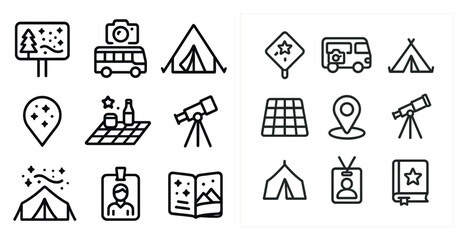 Camping adventure outline icons set &ndash; linear, outdoor, travel symbols