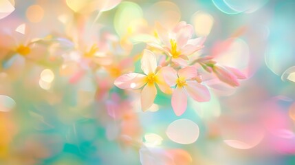 Soft focus of delicate flowers in pastel colors.