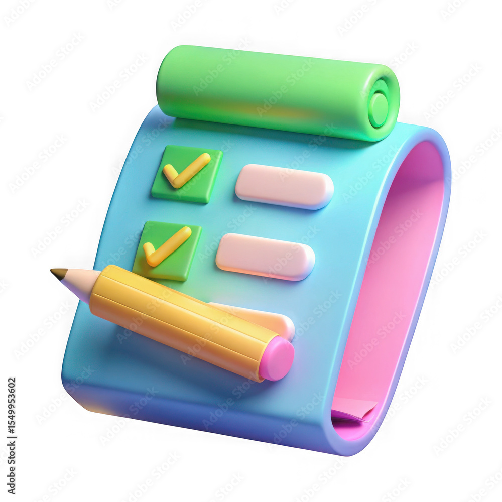 Poster a 3d rendering of a checklist icon with a pencil isolated on transparent background