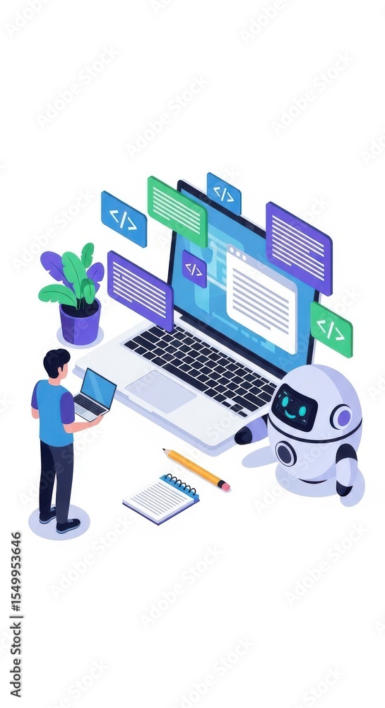 Aufkleber software engineer coding with robot and laptop in isometric illustration