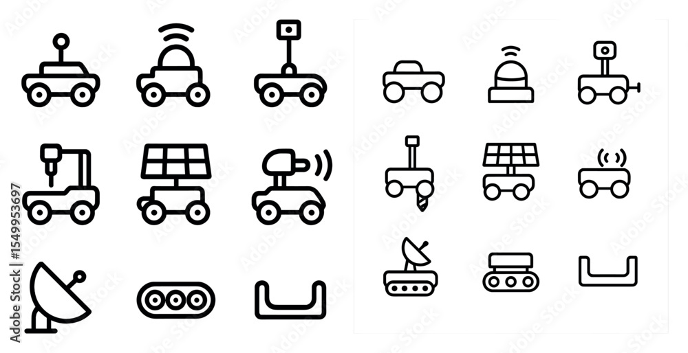 Poster futuristic robot outline icons set – linear, vector, ai and tech symbols