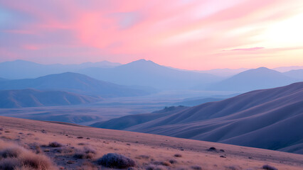 Fototapeta premium Sunrise Serenity: Majestic mountains bathed in the soft hues of dawn create a picturesque scene, perfect for evoking tranquility and a sense of adventure.