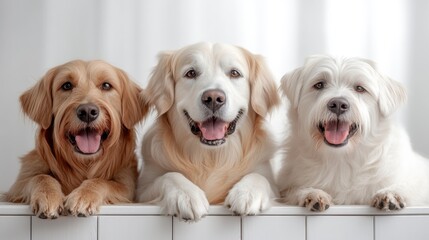 A trio of joyful dogs, showcasing their distinct breeds, lounge together in a bright indoor setting, radiating happiness and companionship as they enjoy each other's presence.