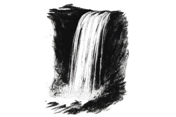 Obraz premium Powerful waterfall plunging over dark rocky cliff, generating dramatic natural energy, isolated on transparent backdrop for seamless design composition