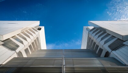 clean lines of neo brutalist architecture against a blue sky