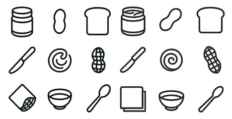 Peanut butter and jelly icons set – outline, linear, sandwich and snack symbols
