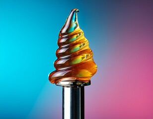 live resin sauce on a twisted titanium dab tool with a blue pink gradient background