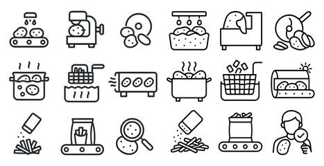 French fry production outline icons set &ndash; line, linear, snack and fast food symbols
